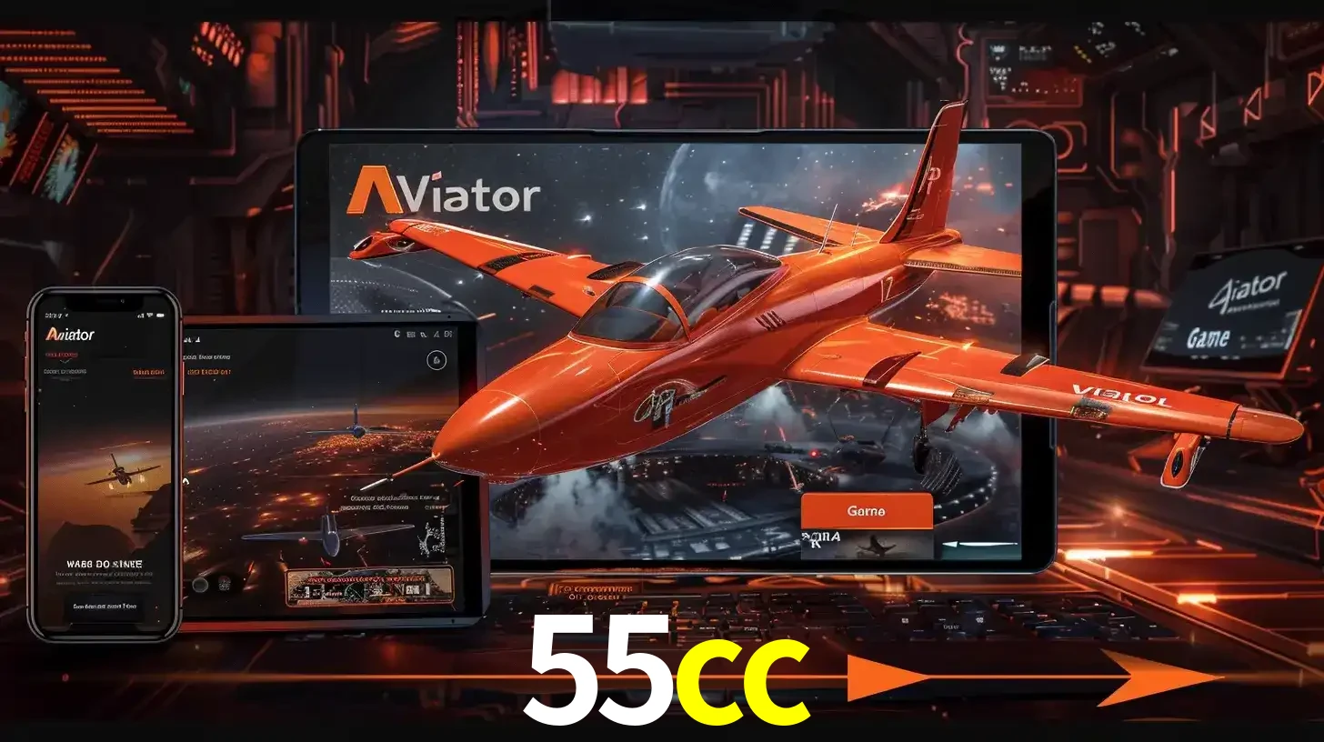Apresentação tecnológica do jogo Aviator com um avião saindo da tela de um tablet, demonstrando a experiência imersiva em múltiplos dispositivos no 55cc.