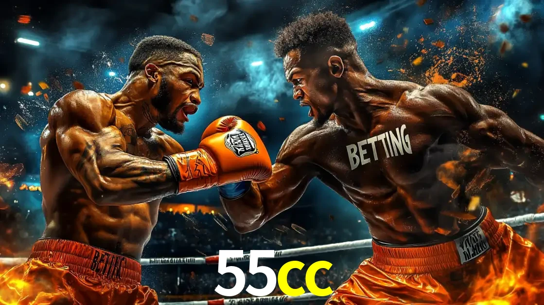 Dois boxeadores em uma luta intensa e explosiva, representando a adrenalina e as oportunidades de apostas em esportes de combate disponíveis na plataforma 55cc.