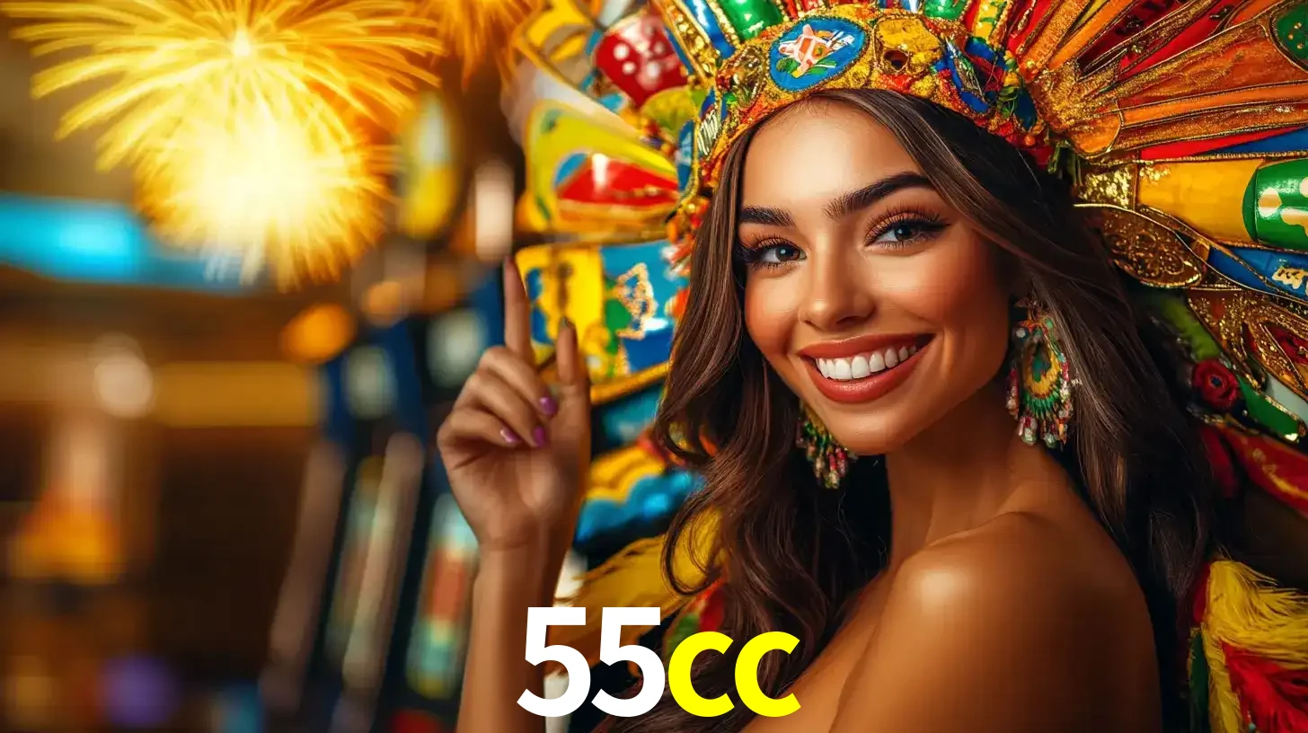 Mulher sorridente com um cocar de carnaval vibrante e colorido, celebrando uma grande vitória nos jogos do cassino 55cc com fogos de artifício ao fundo.