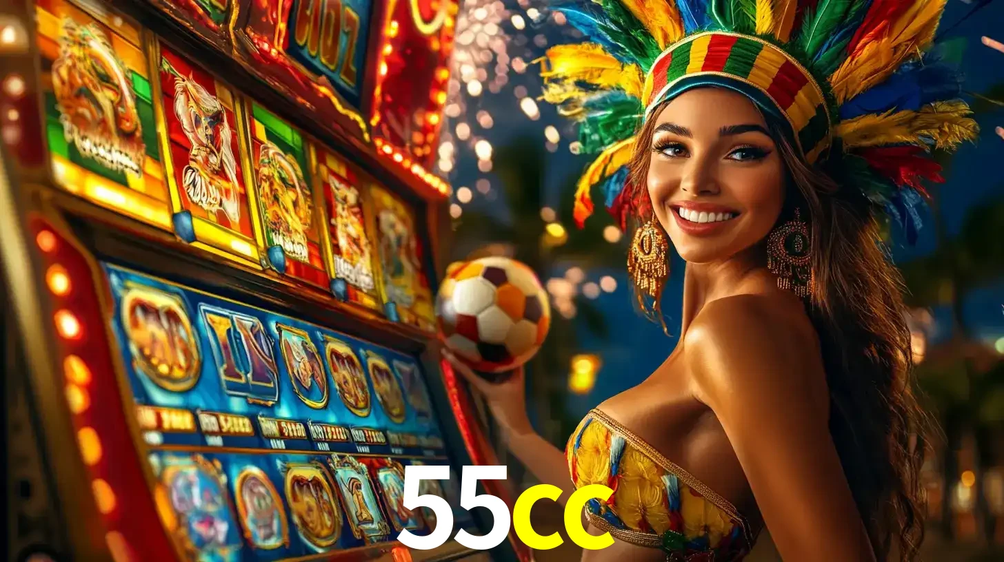 Mulher com um cocar de carnaval ao lado de uma máquina de caça-níqueis enquanto segura uma bola de futebol, mostrando a união da diversão de cassino e esportes no 55cc.