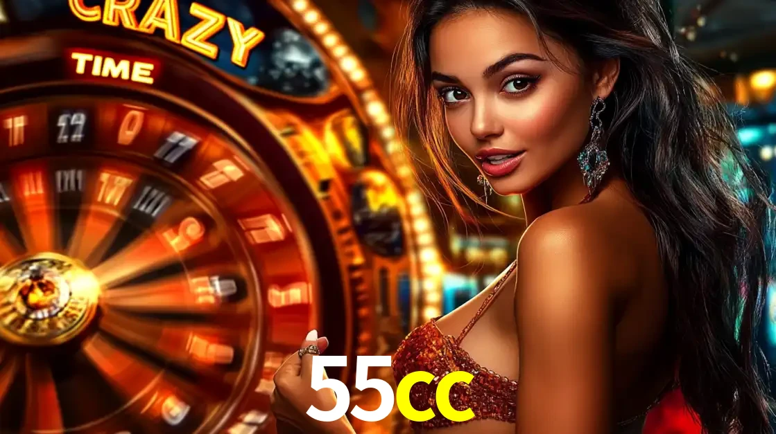 Mulher ao lado da roda de prêmios do jogo de cassino ao vivo Crazy Time, um dos shows de jogos mais emocionantes oferecidos pela plataforma de apostas 55cc.