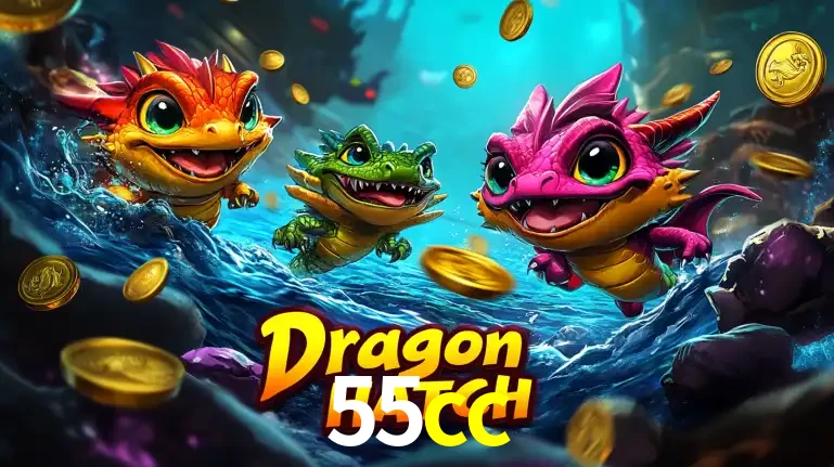 Arte promocional do jogo Dragon Hatch com três adoráveis dragões bebês nadando entre moedas de ouro, um dos slots mais divertidos para jogar no cassino 55cc.