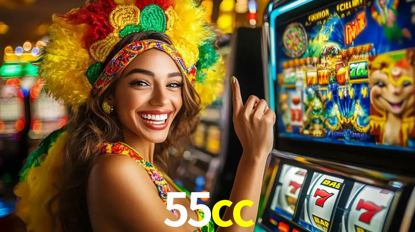 Mulher animada com um cocar de carnaval apontando para uma máquina de caça-níqueis, mostrando a emoção de ganhar um grande prêmio nos jogos do 55cc.