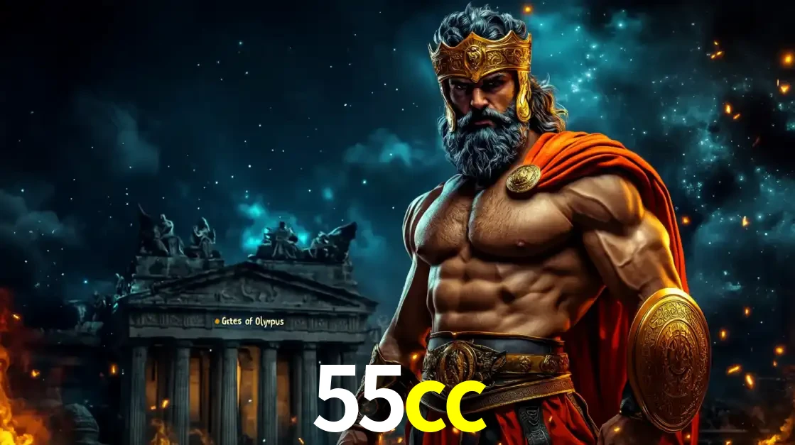 O poderoso Zeus do jogo de slot Gates of Olympus em frente ao seu templo, pronto para lançar multiplicadores divinos e prêmios épicos no cassino online 55cc.