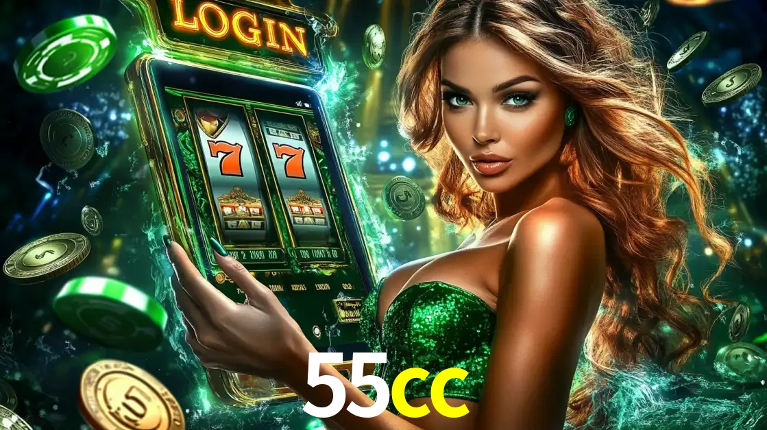 Mulher com tema verde apresentando o aplicativo do cassino 55cc com um jogo de slot de 777, cercada por fichas de cassino e uma aura de sorte.
