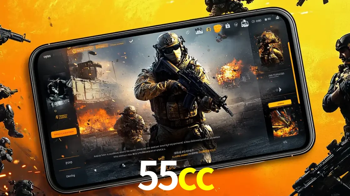 Um smartphone exibindo a interface de um jogo de tiro em primeira pessoa, com um soldado em um cenário de batalha, representando a ação dos e-sports para apostar no 55cc.
