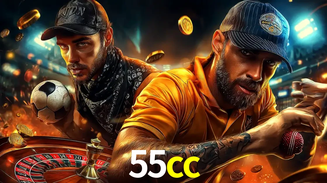 Montagem de apostas esportivas e cassino no 55cc, com um homem segurando uma bola de futebol e outro uma de beisebol sobre uma roleta e moedas voadoras.