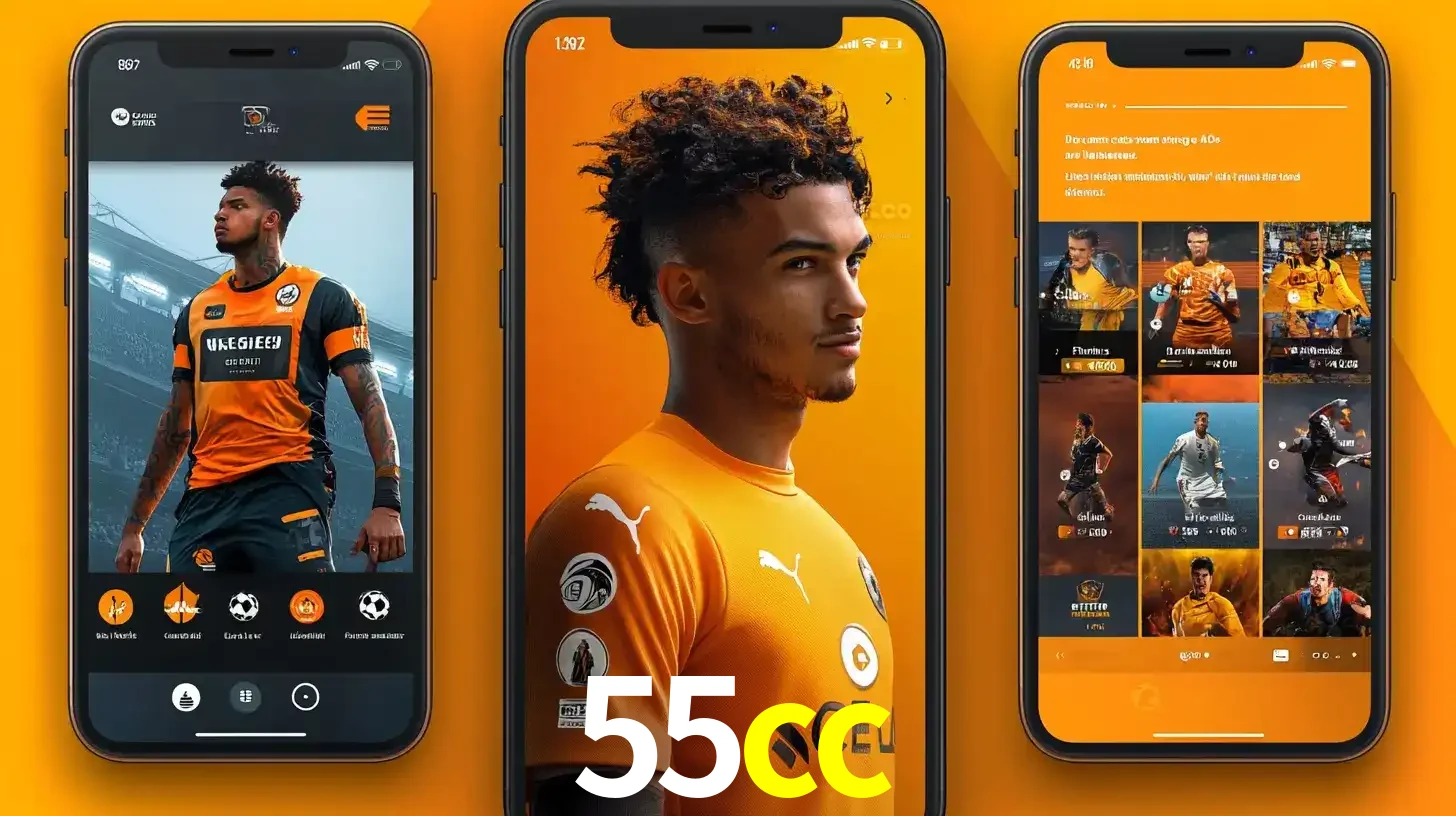 Interface do aplicativo de apostas esportivas 55cc em três telas de celular, mostrando o perfil de um jogador de futebol e a lista de jogos disponíveis para apostar.