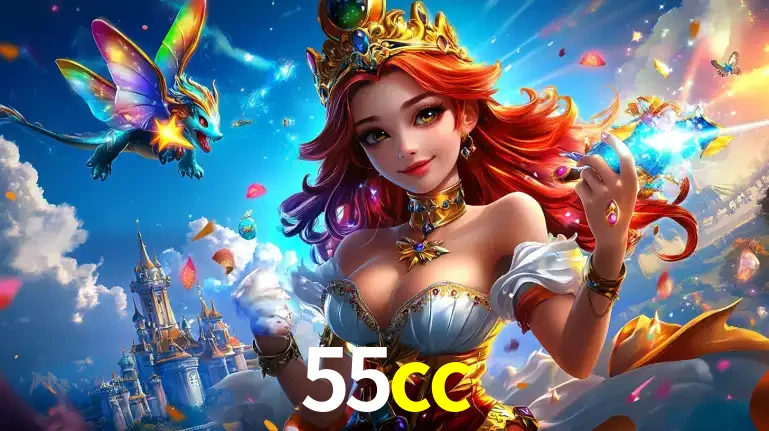 A princesa de um reino de fantasia mágico, com seu pequeno dragão, apresentando um mundo de prêmios encantados nos jogos de caça-níqueis do cassino 55cc.