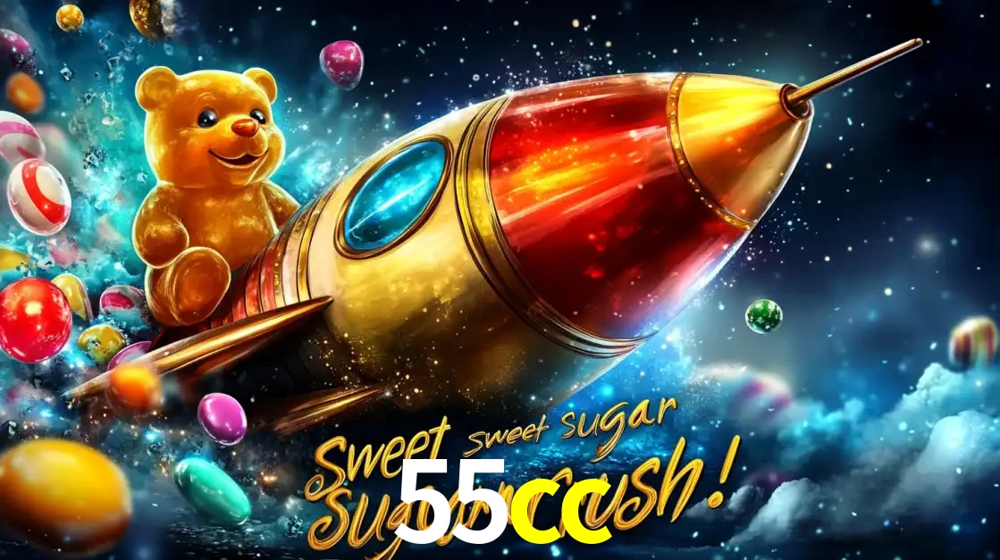 Arte promocional do jogo de slot Sugar Rush, com um urso de pelúcia em um foguete viajando pelo espaço de doces, um dos jogos divertidos disponíveis no cassino 55cc.