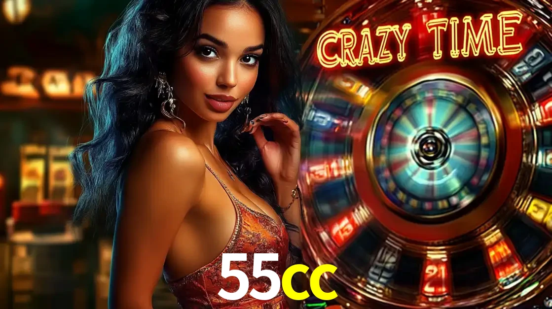Mulher elegante ao lado da vibrante roda da fortuna do jogo de cassino ao vivo Crazy Time, um dos game shows mais populares e cheios de prêmios do 55cc.