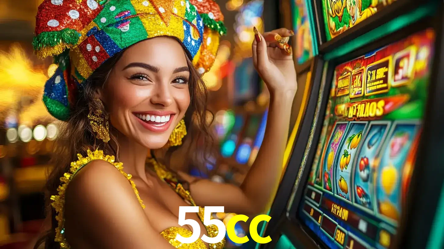 Mulher feliz com traje de carnaval amarelo e colorido ao lado de uma máquina de caça-níqueis, aproveitando a diversão e os jogos temáticos do cassino 55cc.