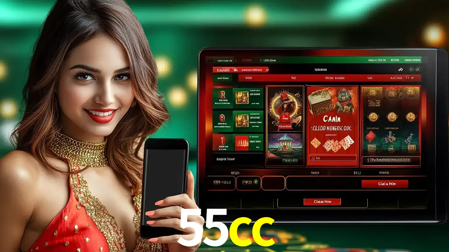 Mulher sorridente segurando um smartphone, ao lado de uma tela exibindo o lobby de jogos do cassino online 55cc, com várias opções de jogos de cartas e slots.